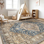 10x14 Area Rugs Living Room: Washable Boho Large Neutral Vintage Soft Rug Stain Resistant Farmhouse Non-Slip Indoor Floor Carpet for Bedroom Nursery Kids Office Dining Room Playroom- Yellow Blue