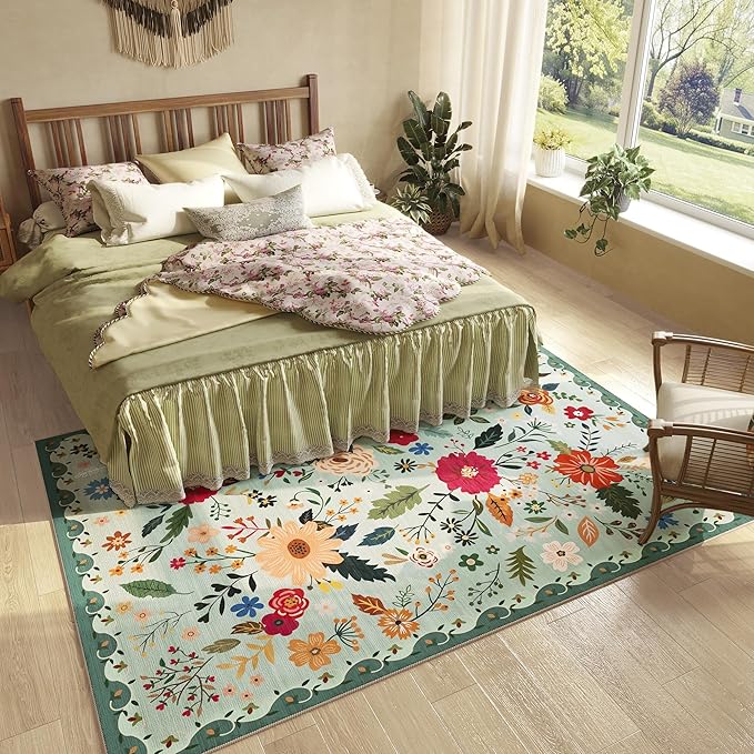 5x7 Washable Rug for Living Room, Green Floral Area Rug, Non Slip Low Pile Soft Flower Carpet, Large Rugs for Bedroom, Dining Room, Office, Kids Playroom, Nursery, Sage Green