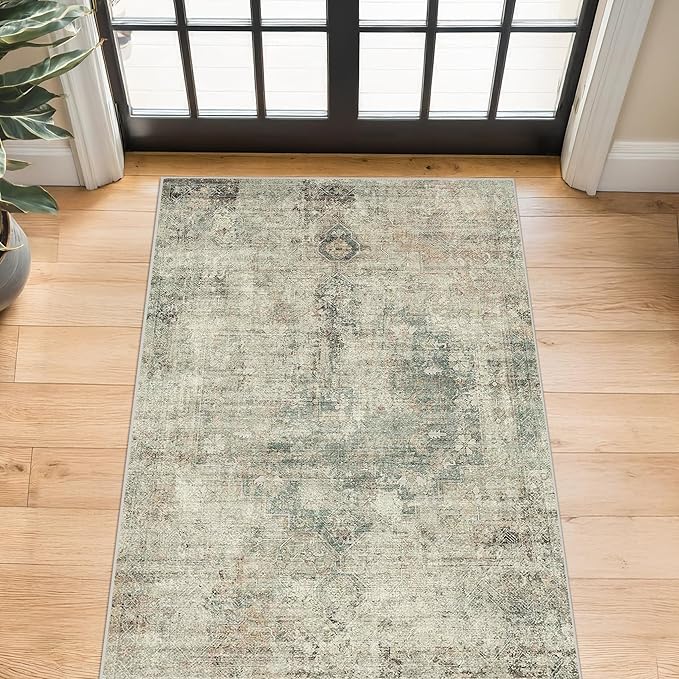 Moss Green Farmhouse 3x5 Large Entryway Rugs Indoor - Non Slip Washable Area Rug for Kitchen, Laundry Room, Low Pile Soft Carpet for Bedroom, Stain Resistant Vintage Indoor Decor