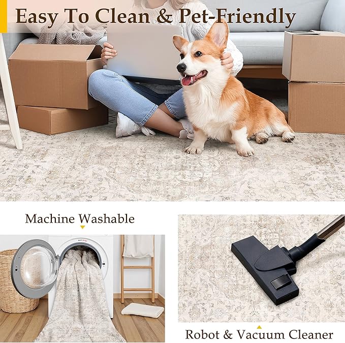 HUGEAR 2x3 Entryway Area Rug Vintage Beige Small Rug Machine Washable Door Mat Neutral Floral Low Pile Carpet Vacuumable Thin Throw Rug Entrance Kitchen Bathroom Bedroom Non Slip Lightweight