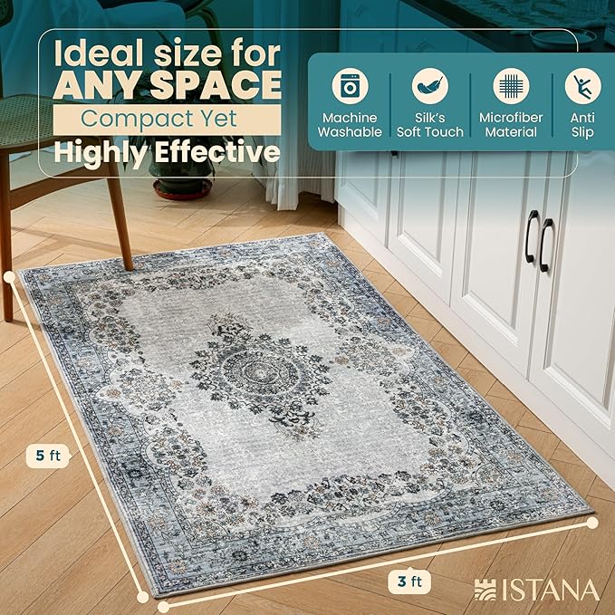 Istana 3x5 Area Rug - Blue Modern Rugs for Living Room 3x5 - Foldable Rugs for Bedroom/Living Room Rug - Stain Resistant Washable Rug - Eco-Friendly Small Area Rugs