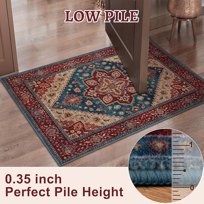 Tangsoo Oriental Red Rug 4x6 Washable Vintage Rugs Non Slip Indoor, Distressed Carpet for Living Room, Dining Room, Soft Low Pile Rugs Boho Foldable Floor for Bedroom Dorm Bedside Bathroom