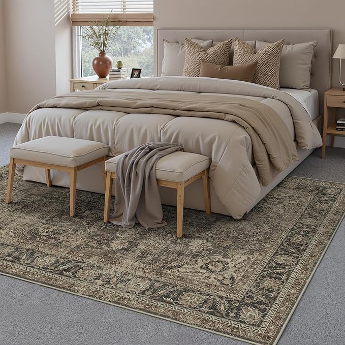 8x10 Washable Brown Area Rug Vintage Living Room Bedroom Carpet Non-Slip Soft Low Pile Distressed Indoor Large Throw Rug for Dining Room Office