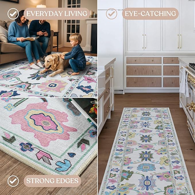 Fame Living Colorful Oushak Runner Rug, Modern Runners, Vintage, Turkish, Eclectic, Floral, Pastel, Washable, Runner for Hallway, Kitchen, Bedroom, Bathroom, 2'5"x9'8"