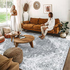 MUJOO Grey Rug 8'x10' Area Rugs for Living Room Bedroom Dining Room,Large Washable Boho Bohemian Vintage Distressed Farmhouse Non Slip Carpet, Floral Flowers