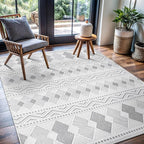 CAMILSON Micro Loop Rug 4x6 Modern Luxury Geometric Boho Diamond Area Rugs Soft High and Low Pile Stain Resistant Easy-Cleaning Non-Shedding for Living Room Office Indoor Carpet (4 x 6 / White - Gray)