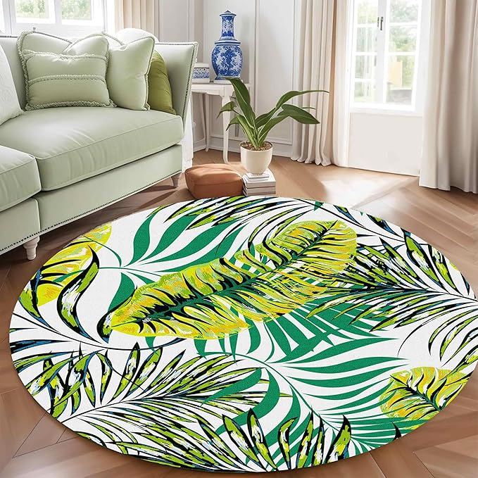 Tropical Round Rug 7ft, Watercolor Palm Leaves Pattern Low Pile Circle Carpet, Non-Slip Washable & Non-Shedding Indoor Mat for Bedroom, Entrance, Office Decor