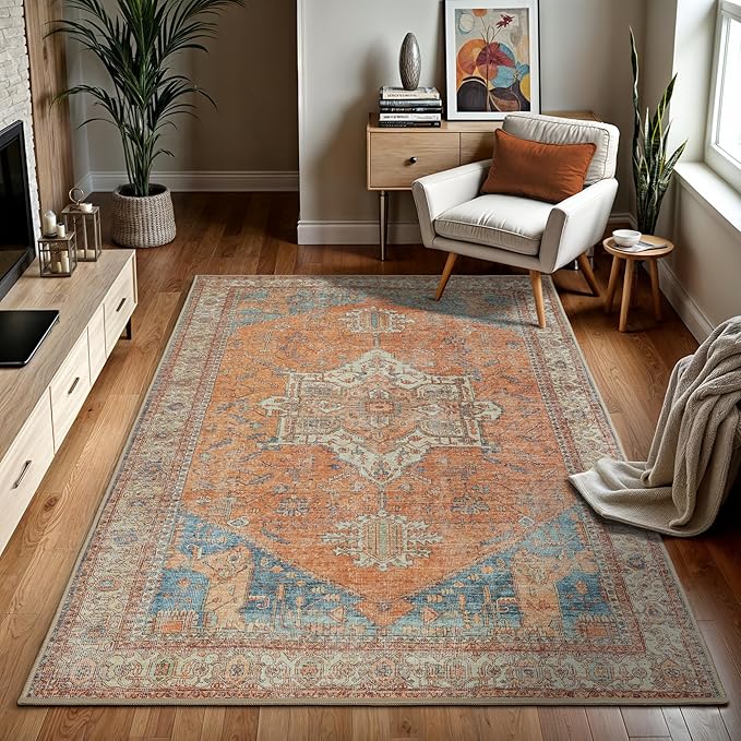 GLN Rugs Traditional Collection - Machine Washable Area Rug, Traditional Washable, Non Slip, Low Pile Chenille Rug, Living Room, Bedroom, Kitchen Rug (9' x 12' Terra/Multicolor)