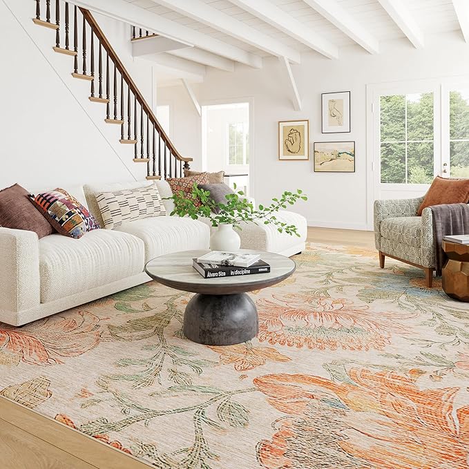 Dash & Albert Zell Multi Machine Washable Rug, 7.5 X 9.5 Feet, Multicolored/Tan Floral Pattern