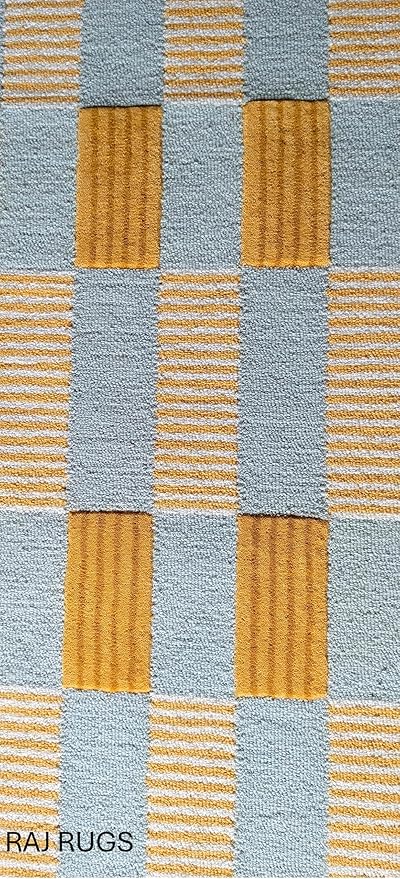 Handmade Scalloped Wool Area Rug - Modern Geometric Pattern, Green-Beige Stripes, Checkered Chevron Design - Soft, Durable Thick Carpet for Living Room, Bedroom (Gold, 9' x 12')