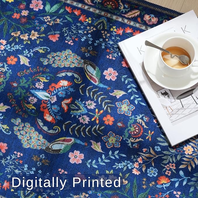 Rugcomf Runner Rug Washable Kitchen Runner 2'6''x8' Runner Rug for Entryway Indoor Floral Non-Slip Soft Carpet Runner for Hallways, Kitchen, Laundry, Bedroom, Bathroom(Blue)