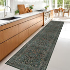 Dark Green Washable 3x16 Extra Long Runner Rug for Hallway Non Slip, Large Kitchen Indoor Floor Rugs for Entryway Hall Way, Soft Stain Resistant Low Pile Vintage Floral Carpet