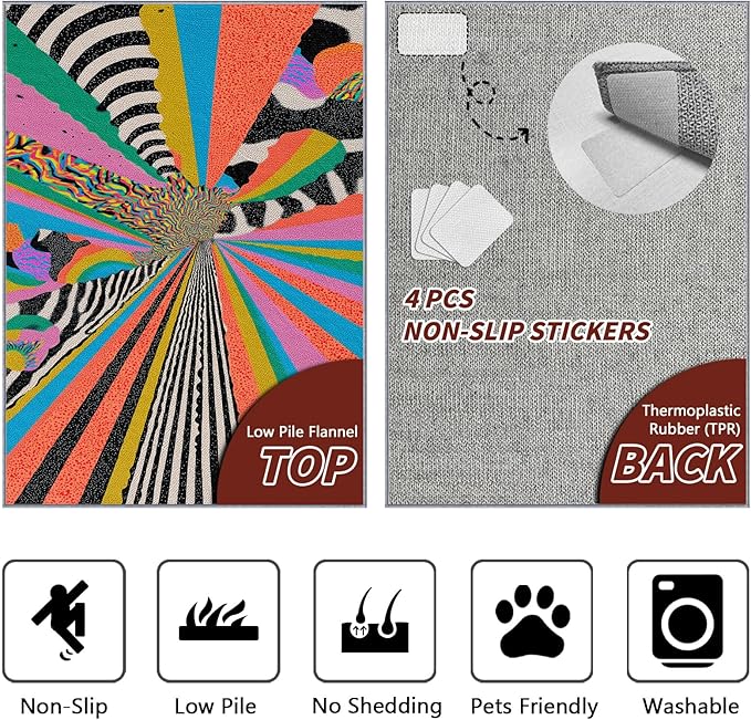Colorful Area Rugs - Abstract Graffiti Art Rug 3x5, Hippie Aesthetic Funky Washable Lightweight Carpet Room Decor #C081