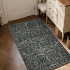 Washable Living Room Rug: 3x5 Boho Floral Soft Area Rug for Bedroom Decor - Vintage Low Pile Thin Carpet for Dining Room Non-Slip - Farmhouse Stain Resistant Rugs - Dark Green