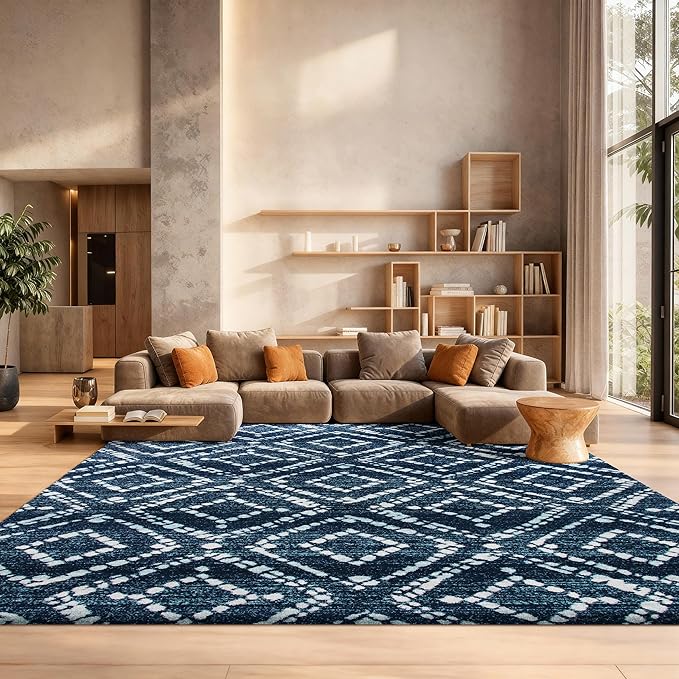 SAFAVIEH Adirondack Collection Area Rug - 10' Square, Navy & Ivory, Modern Diamond Distressed Design, Non-Shedding & Easy Care, Ideal for High Traffic Areas in Living Room, Bedroom (ADR131N)