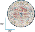 Livabliss Area Rugs - 5ft Round Odelia Vintage Boho Aqua Burgandy Blue Round Area Rug for Living Room Bedroom - Floral Medallion Stain Resistant Carpet for Kitchen, Nursery, Office (5'3" Round)