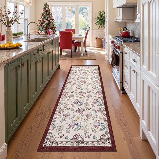 jinchan Elora 3x10 Floral Runner Rug for Hallway Washable Kitchen Runner Vintage Romance Design Non Slip Thin Indoor Floor Cover Low-Profile Throw Carpet for Entryway Bathroom Bedroom Porch, Red/Beige