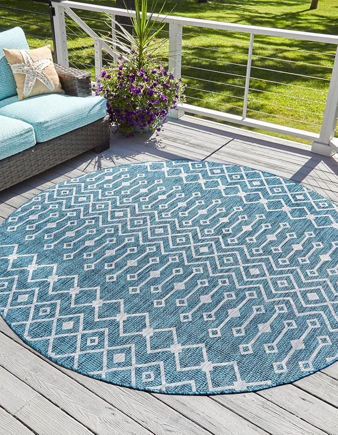 Unique Loom Outdoor Trellis Collection Area Rug - Tribal Trellis (10' 8" Round, Teal/ Ivory)