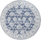 jinchan Fiora Round Rug 5ft Area Rugs Vintage Floral Distressed Design - Machine Washable Non-Slip Low-Pile Ultra-Thin Circle Rug for Entryway Bedside Living Room Bedroom (5' Round, Dark Blue)