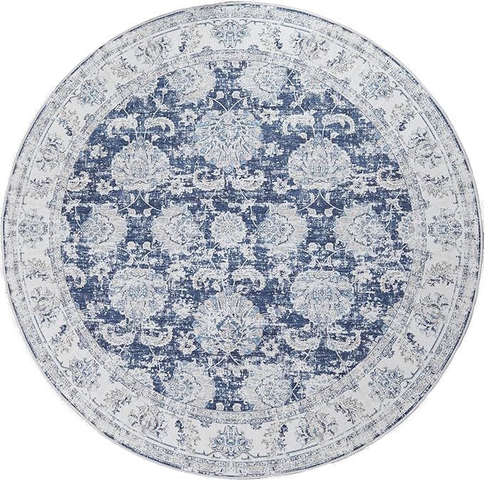 jinchan Fiora Round Rug 5ft Area Rugs Vintage Floral Distressed Design - Machine Washable Non-Slip Low-Pile Ultra-Thin Circle Rug for Entryway Bedside Living Room Bedroom (5' Round, Dark Blue)