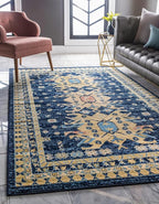 Unique Loom Taftan Collection Border Geometric Tribal Inspired Design Area Rug (7' 0 x 10' 0 Rectangular, Navy Blue/ Gold)