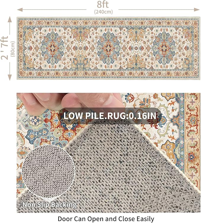 Enkor Runner Rugs for Hallway, 2.6x8 Washable Soft Non Slip Floor Rugs for Kitchen, Modern Mat for Living Room Bedroom Entryway Orange & Beige