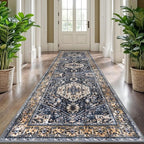 KOZYFLY Long Runners for Hallways 2.6x10 Ft Washable Kitchen Boho Runner Rug for Entryway Indoor Gold Navy Printed Faux Wool Stair Runner Floor Carpet Runner for Stair Kitchen Hall