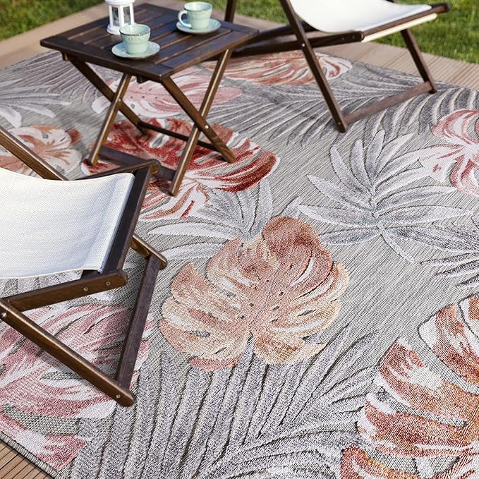 CAMILSON Indoor Outdoor Rug, Mult 9’x12’ Leaf Tropical Botanical Area Rugs for Indoor and Outdoor patios, Easy-Cleaning Non-Shedding Living Room, Garden and Kitchen Washable Outside Carpet (9x12)