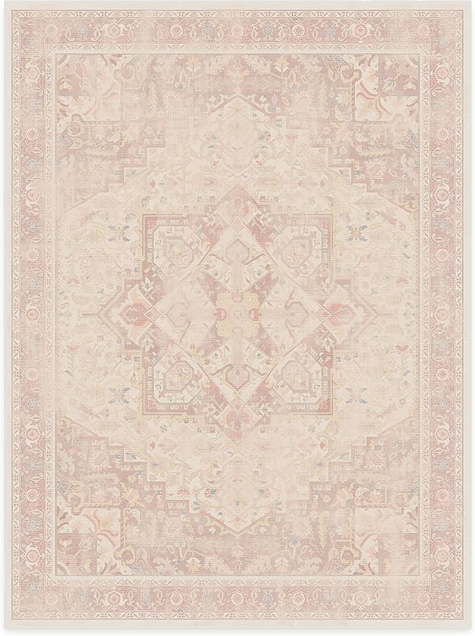 RUGGABLE Washable Area Rug – Kamran Soft Pink 9x12, Stain-Resistant, Non-Slip – Large Machine Washable Rugs for Living Room, Bedroom, Hallway, Entryway & Office–with Standard Pad