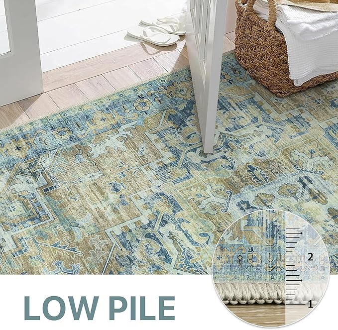GENIMO Machine Washable 8x10 Area Rugs for Living Room, Non Slip Vintage Rugs, Low Pile Lightweight Chenille Print Rug for Bedroom, Dining Room, Home Office, Fade Blue