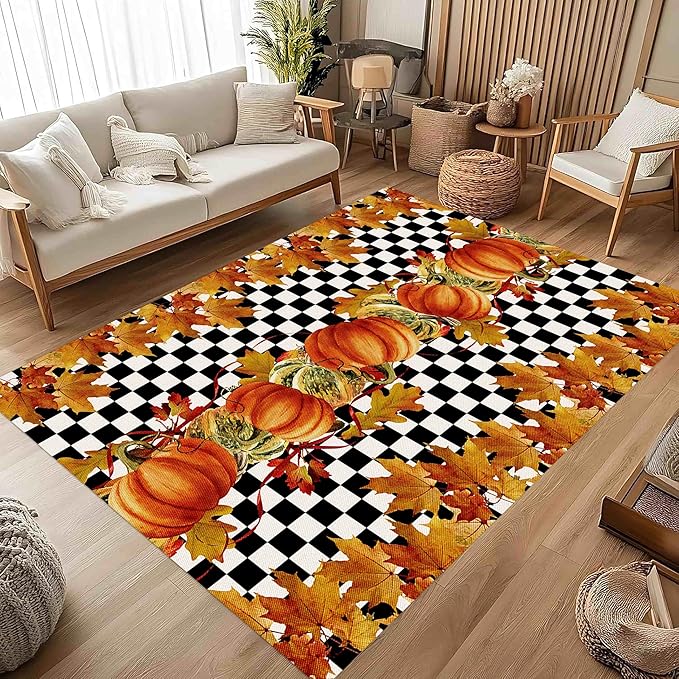 Pumpkin Area Rugs, 3x4ft, Fallen Leaves Autumn Harvest Pumpkins Black and White Checkered Rug, Ultra-Thin Rubber Non Slip Geometric Carpet for Living Room Playroom
