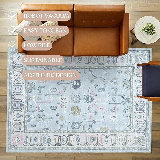 Fame Living Faded Oushak Rug, Turkish Vintage Floral Pastel Large Oversized Area Rugs for Living Room Dining Bedroom Kitchen Bathroom Nursery (854CrBl, 2'5" x 6'6")