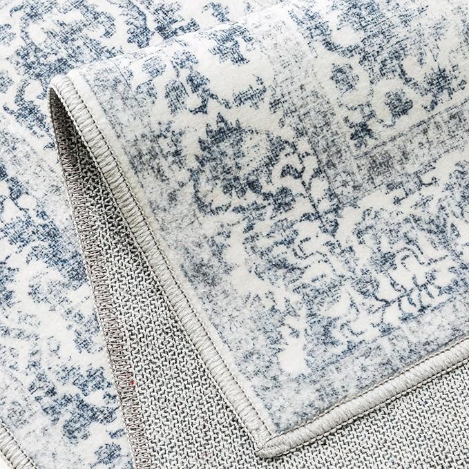 Navy Blue Area Rug 8x10 Machine Washable Large Vintage Living Room Distressed Non Slip Carpet Traditional Indoor Bedroom Retro Floral Accent Throw Rug for Office Kitchen Dining Room