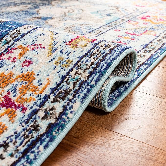 SAFAVIEH Monaco Collection Area Rug - 3' Round, Navy & Light Blue, Boho Chic Medallion Distressed Design, Non-Shedding & Easy Care, Ideal for High Traffic Areas in Living Room, Bedroom (MNC243N)