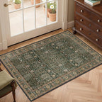Bavni 2x3 Doormat, Machine Washable Runner Rug Non Slip, Vintage Floral Print Style Rugs for Entrance-Lightweight Low Pile Carpet for Hallways Kitchen and Corridor, Dark Green/Multi