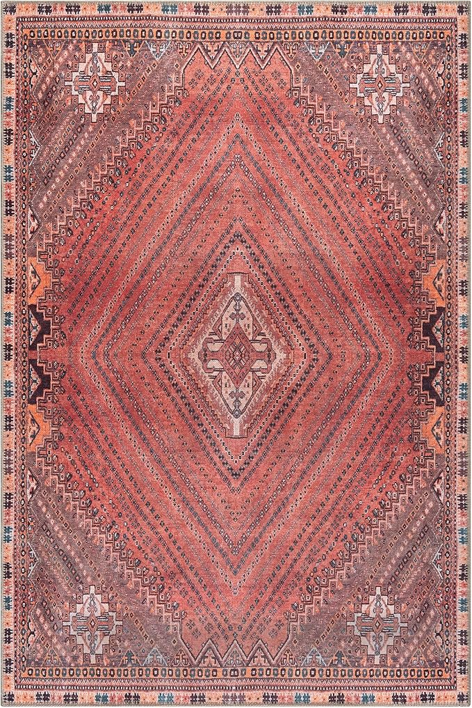 Bloom Rugs Washable Non-Slip 6' x 9' Rug - Red/Multicolor Traditional Bordered Area Rug for Living Room, Bedroom, Dining Room, and Kitchen - Exact Size: 6' x 9'