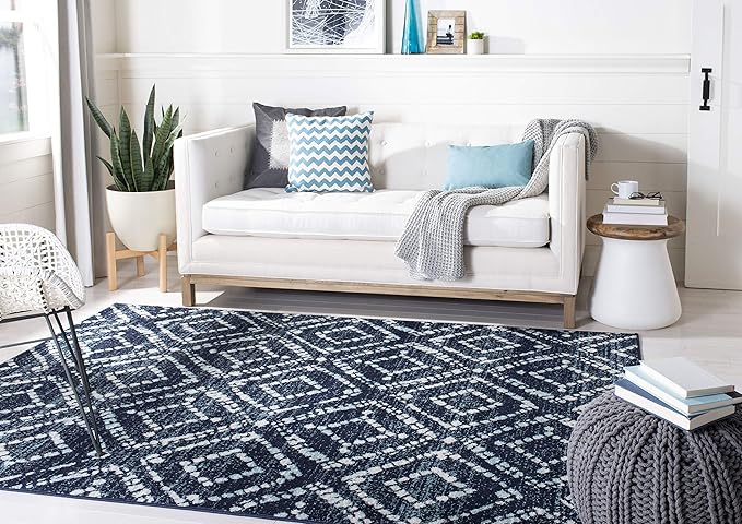 SAFAVIEH Adirondack Collection X-Large Area Rug - 12' x 18', Navy & Ivory, Modern Diamond Distressed Design, Non-Shedding & Easy Care, Ideal for High Traffic Areas in Living Room, Bedroom (ADR131N)