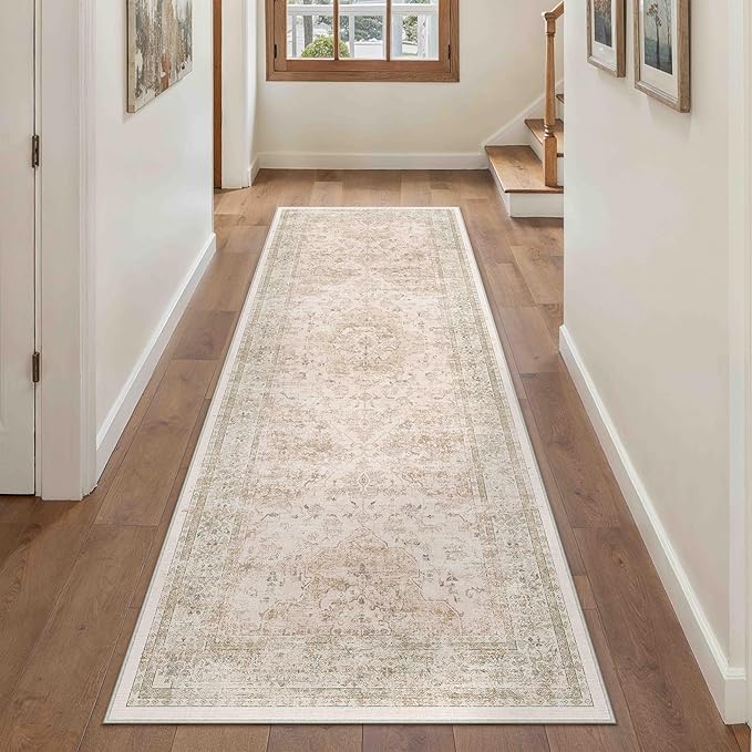 Hallway Runner Rug 2x8 Washable Beige Vintage Distressed Long Runner Oriental Soft Thin Indoor Carpet Non Slip Low Pile Throw Rug for Kitchen Bedroom Laundry Bedside Entryway