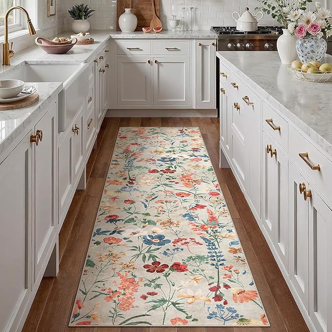 Floral Runner Rug 3x7 Washable Hallway Long Beige Bedroom Carpet Non Slip Indoor Boho Kitchen Low Pile Accent Rug Lightweight Soft for Bathroom Dining Laundry Living Room