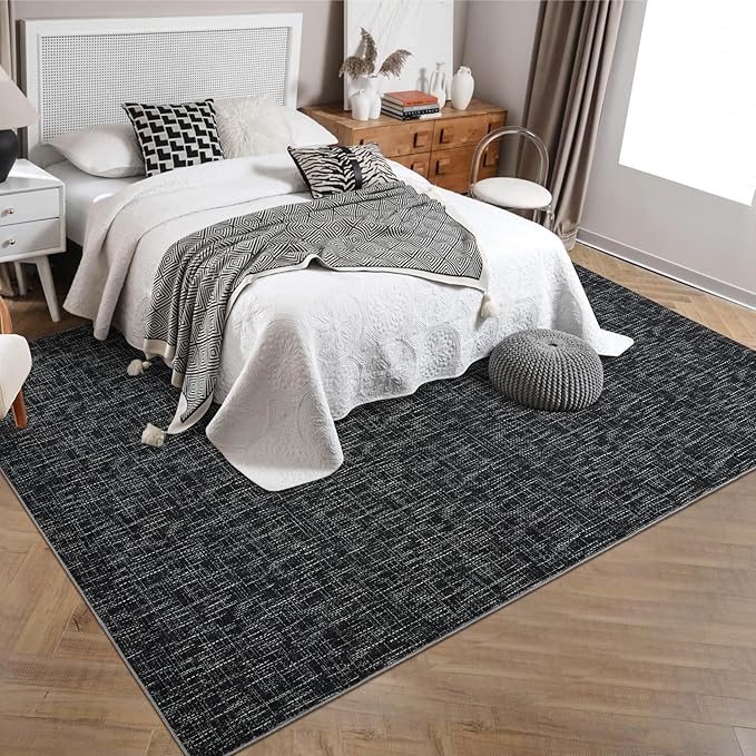 RUGSREAL 6x9 Large Bedroom Area Rug Soft Modern Area Rug for Living Room Non-Slip Stain Resistant Abstract Bedroom Throw Floor Carpet Contemporary Rug Solid Rug for Dining Room Office, Black