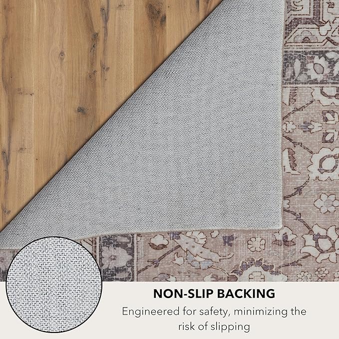 Kuden 4x6 Area Rug, Machine Washable Area Rug with Non-Slip Backing, Vintage Style, Soft, Easy Clean, Low Pile Rug for Living Room, Bedroom, Dining Room