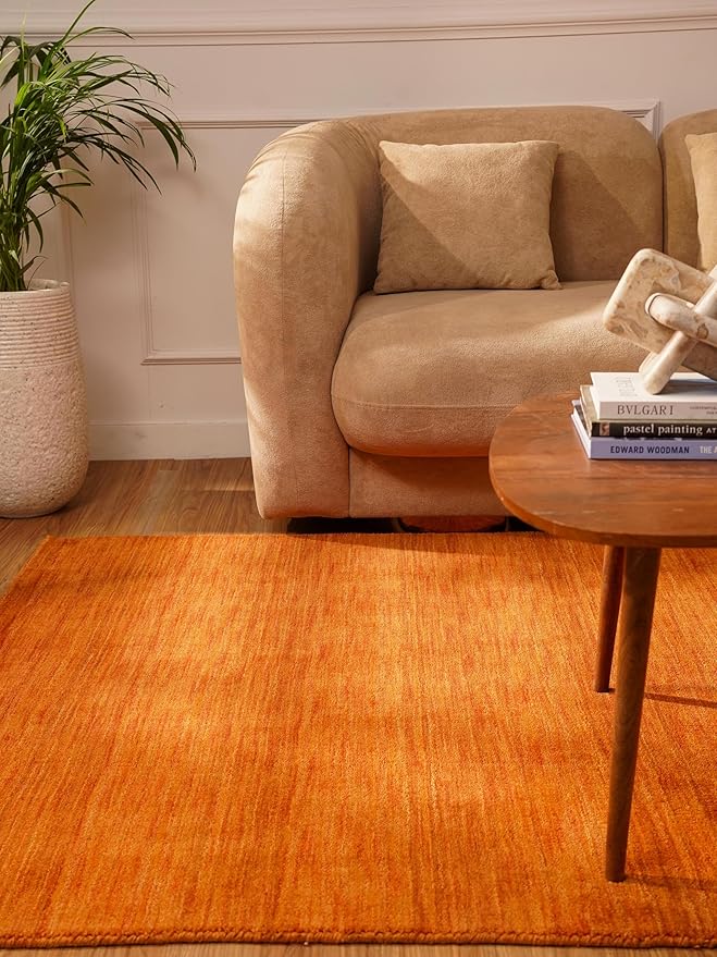 Rugsotic Carpets Hand Knotted Loom Wool ECO-Friendly Area Rugs - 3'x5', Rectangle, Orange Color, Solid Plain Design, High Pile Handmade Anti Skid Area Rugs for Living Room, Bed Room (L00111)
