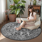 4ft Round Washable Area Rugs for Living Room, Vintage Boho Large Rug for Bedroom Dining Room Office, Distressed Floral Print Carpet for Under Table, Soft Non Slip Low Pile Throw Indoor Mat, Black