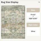 9x12 Area Rugs for Living Room, Non Slip Machine Washable Vintage Rugs, Low Pile Lightweight Large Rug for Bedroom, Dining Room, Home Office Olive
