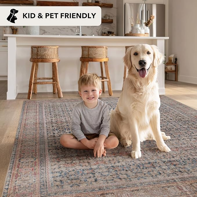 Kuden 2'6"x10 Runner Rug, Machine Washable Area Rug with Non-Slip Backing, Vintage Style, Soft, Easy Clean, Low Pile Rug for Hallway, Entryway, Kitchen, Bedroom