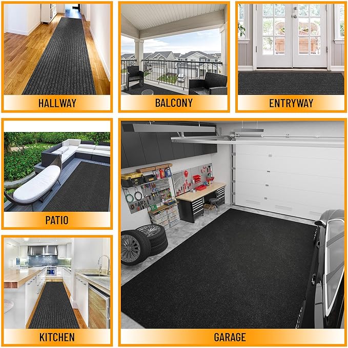 Ottomanson Ribbed Design Non-Slip Rubberback 2x5 Indoor/Outdoor Runner Rug for Hallway, Kitchen, Living Room, Garage, Patio, 2' x 5', Black (Pack of 2)