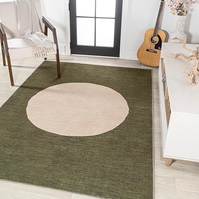 JONATHAN Y Machine Washable Green/Cream Indoor Area Rug 3X5 ft, Cirkel Minimalist Geometric Dot for Living Room, Bedroom, Kitchen, Office, Easy-Cleaning, Pet-Friendly, Non-Shedding WSH113B-3