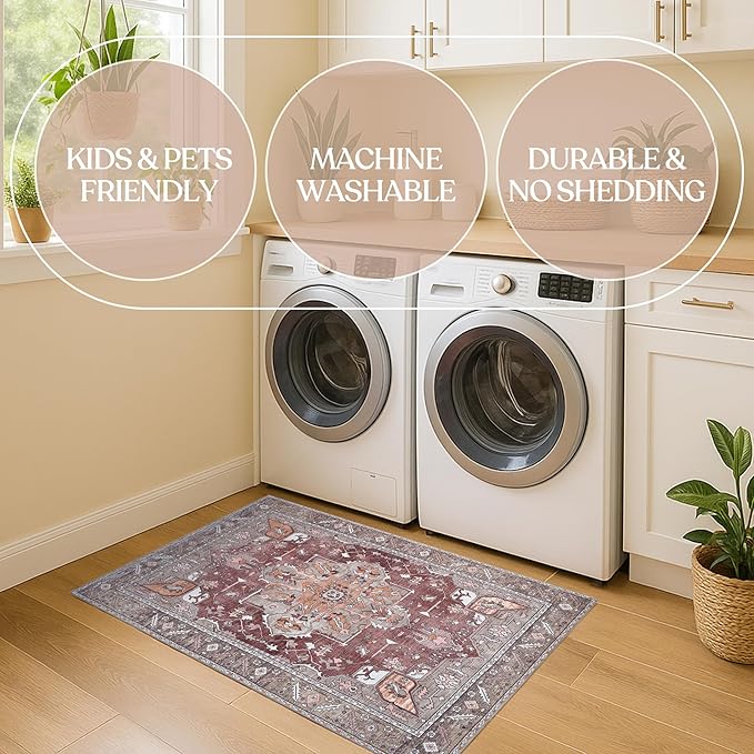 Distressed Modern Rug, Terracotta Vintage Inspired Medallion Geometric Large Area Rugs for Living Room Bedroom Bathroom Kitchen Home (857RB, 2' x 3')