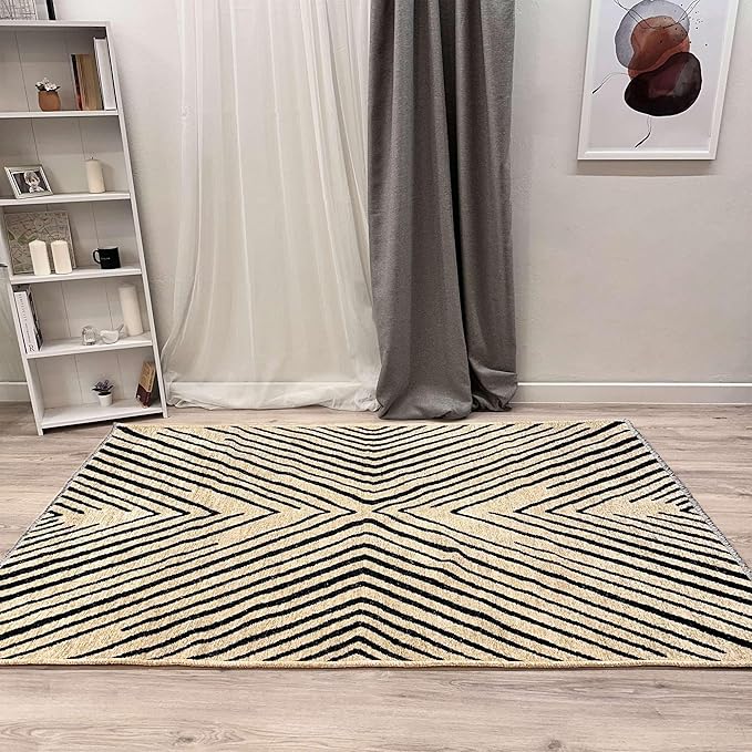 Alfa Rich 7x10 Geometric Beige Black Washable Area Rugs for Living Room Bedroom Kitchen Cotton Rug