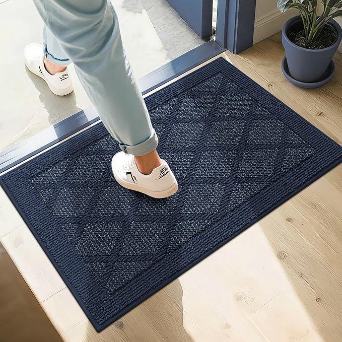 COSY HOMEER Non-Slip Door Mat 20"x32", Entryway Rugs Low Profile Absorbent Dirt Trapper Doormat for Front Entrance, Washable Polypropylene Entry Mat (Blue)